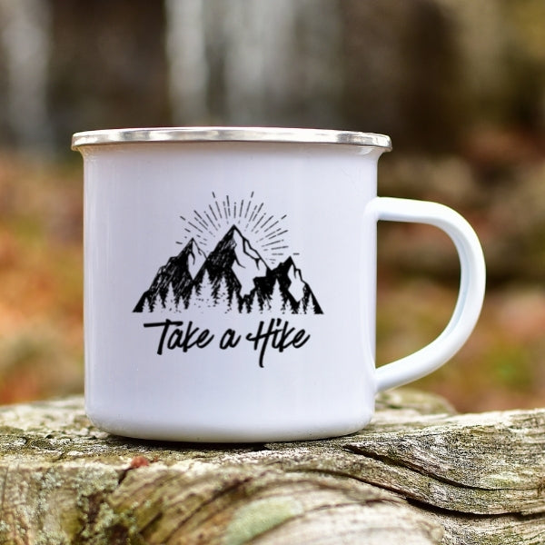 take a hike mountain design white enamel camp mug