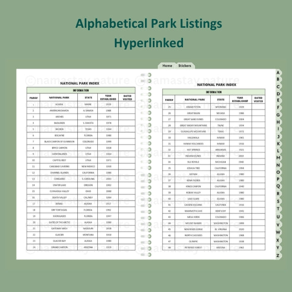national parks bucket list digital planner hyperlinked pages