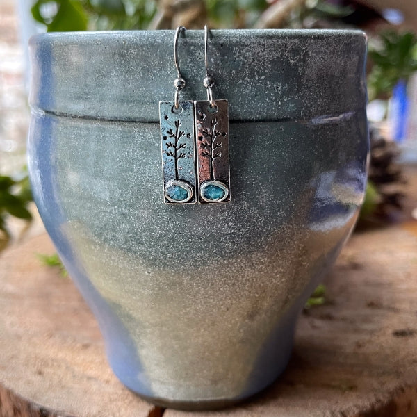 pine tree earrings with small turquoise stones