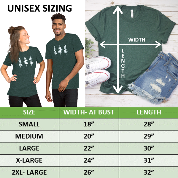 pine tree heather green t-shirt sizing chart