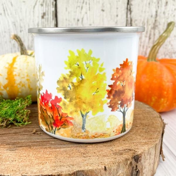 autumn trees watercolor camp mug front