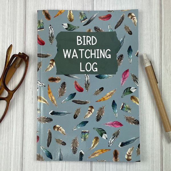 bird watching log book journal blue gray cover with feathers
