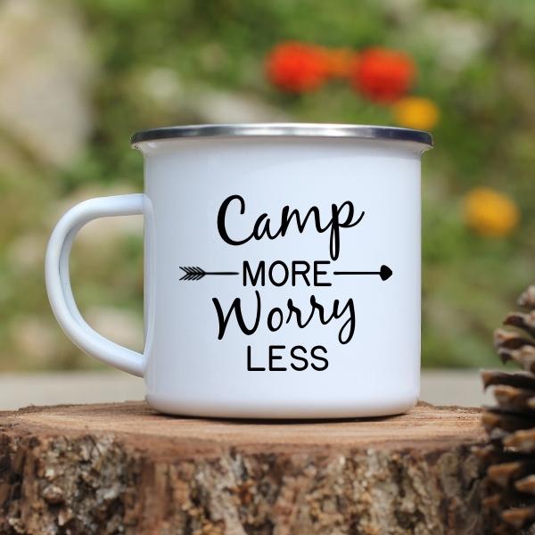 Camp More Worry Less Enamel White Metal Camp Mug