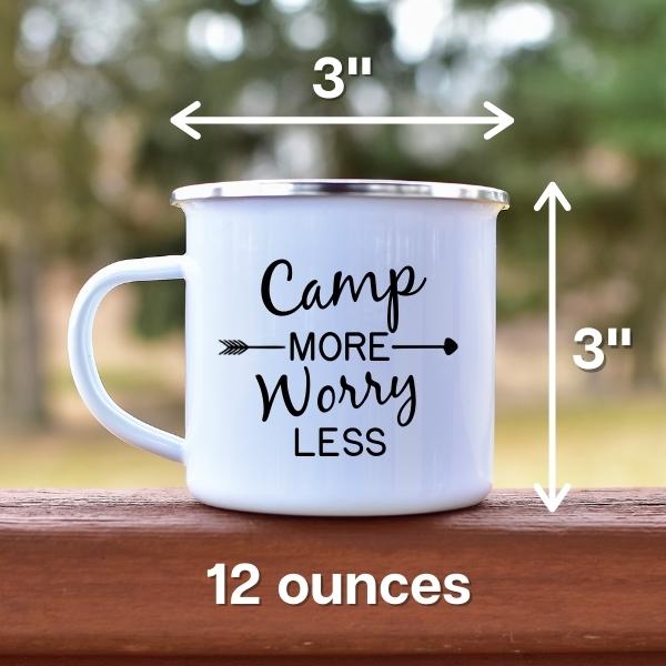 Camp More Worry Less Enamel White Metal Camp Mug