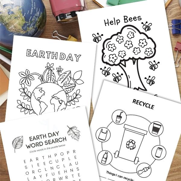 free earth day printable activity pages for kids 4 pages on a desk top