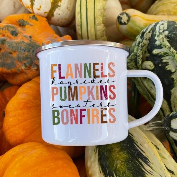 Fall Camping Mug, White Enamel Camp Mug