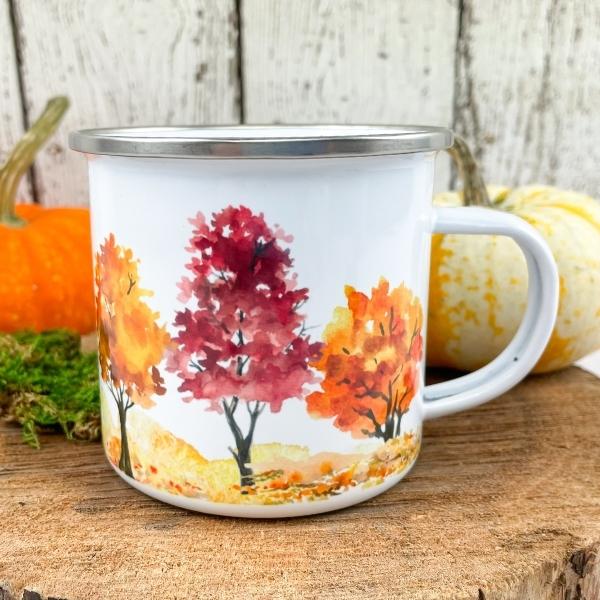 fall camp coffee mug watercolor trees