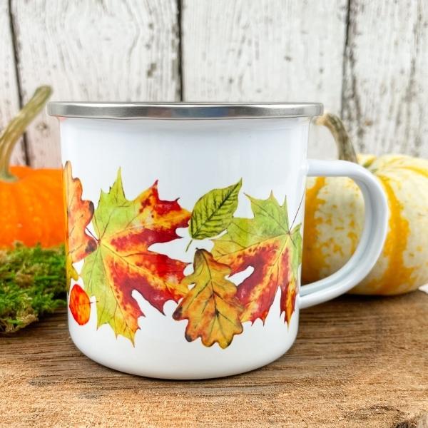 fall leaves graphic white enamel camp coffee mug
