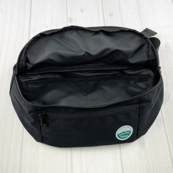 black fanny pack with 2 inside compartments