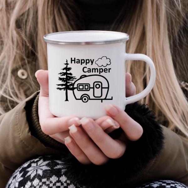 lady holding a happy camper enamel camping mug 