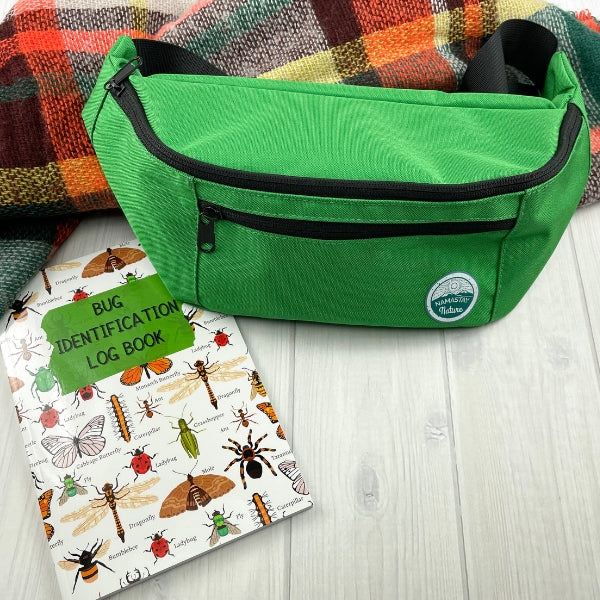 Kelly green fanny pack with bug identification log book