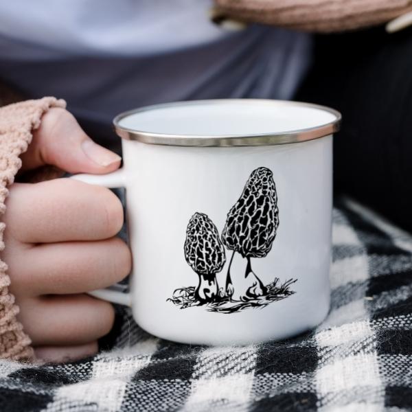 lady holding morel mushroom enamel camp mug 