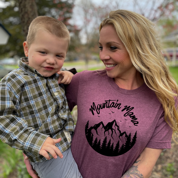 mountain mama tshirt with mom and son