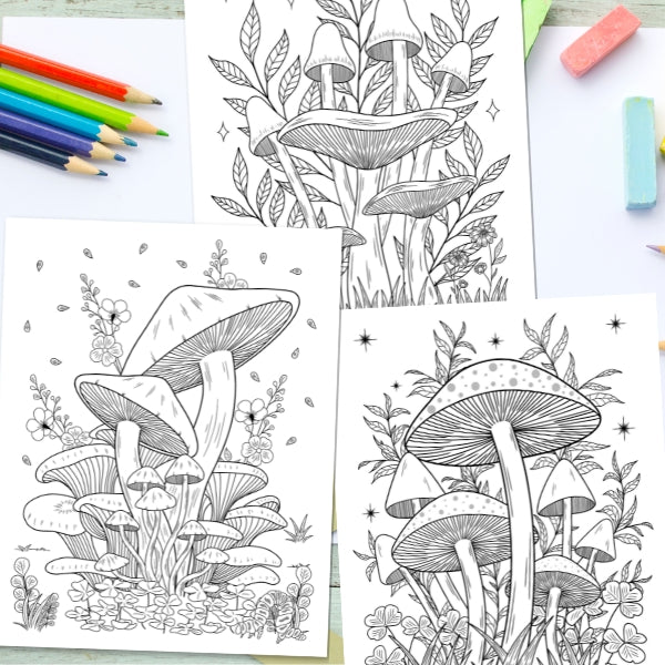 set of 3 mushroom coloring pages