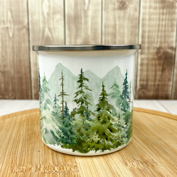watercolor pine tree forest camping mug